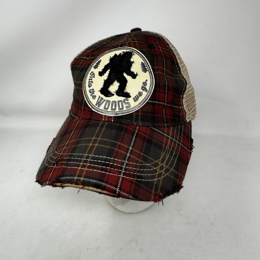 Big Foot Headmost Trucker Hat Mesh Snapback Plaid Red Distressed "Into The woods